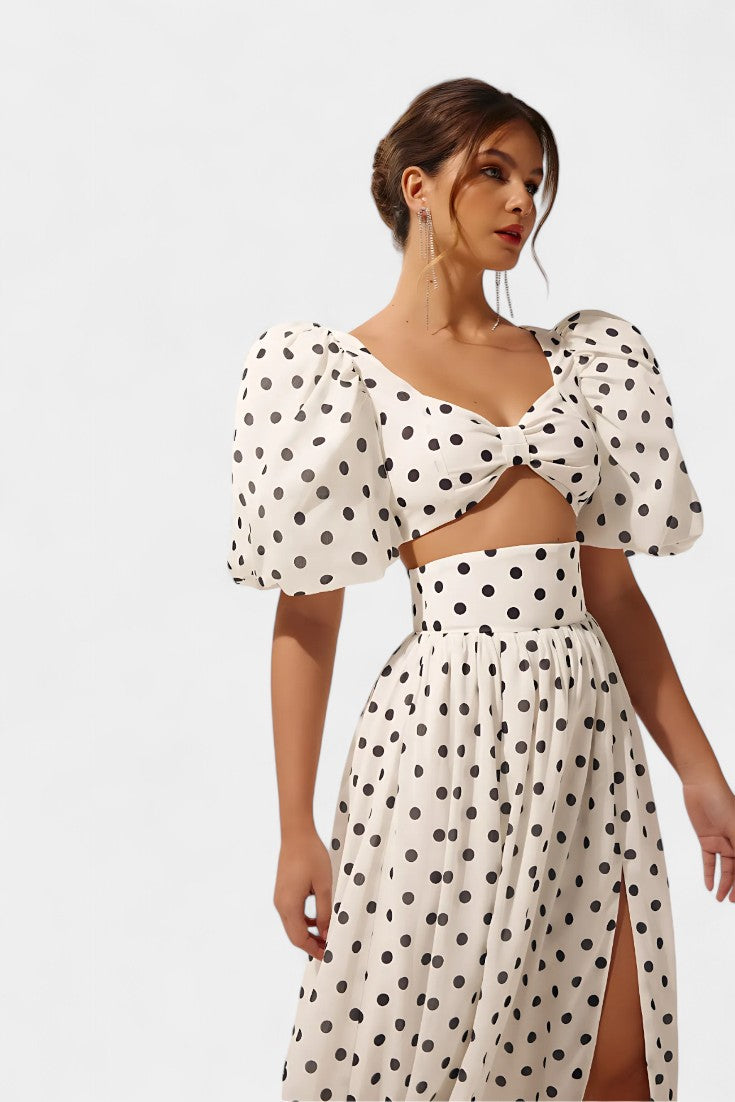 Sherine Conjunto de Falda con Mangas Abullonadas de Lunares