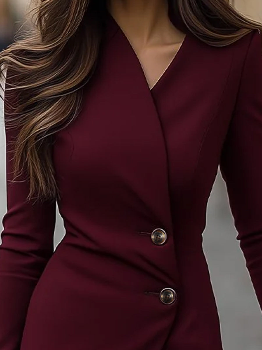 Eva | Vestido Midi Burdeos con Botones y Estilo Envolvente
