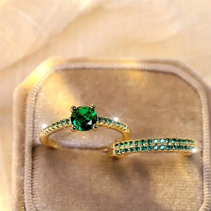 Conjunto de Anillos Dúo con Esmeralda en Oro