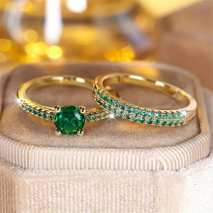 Conjunto de Anillos Dúo con Esmeralda en Oro