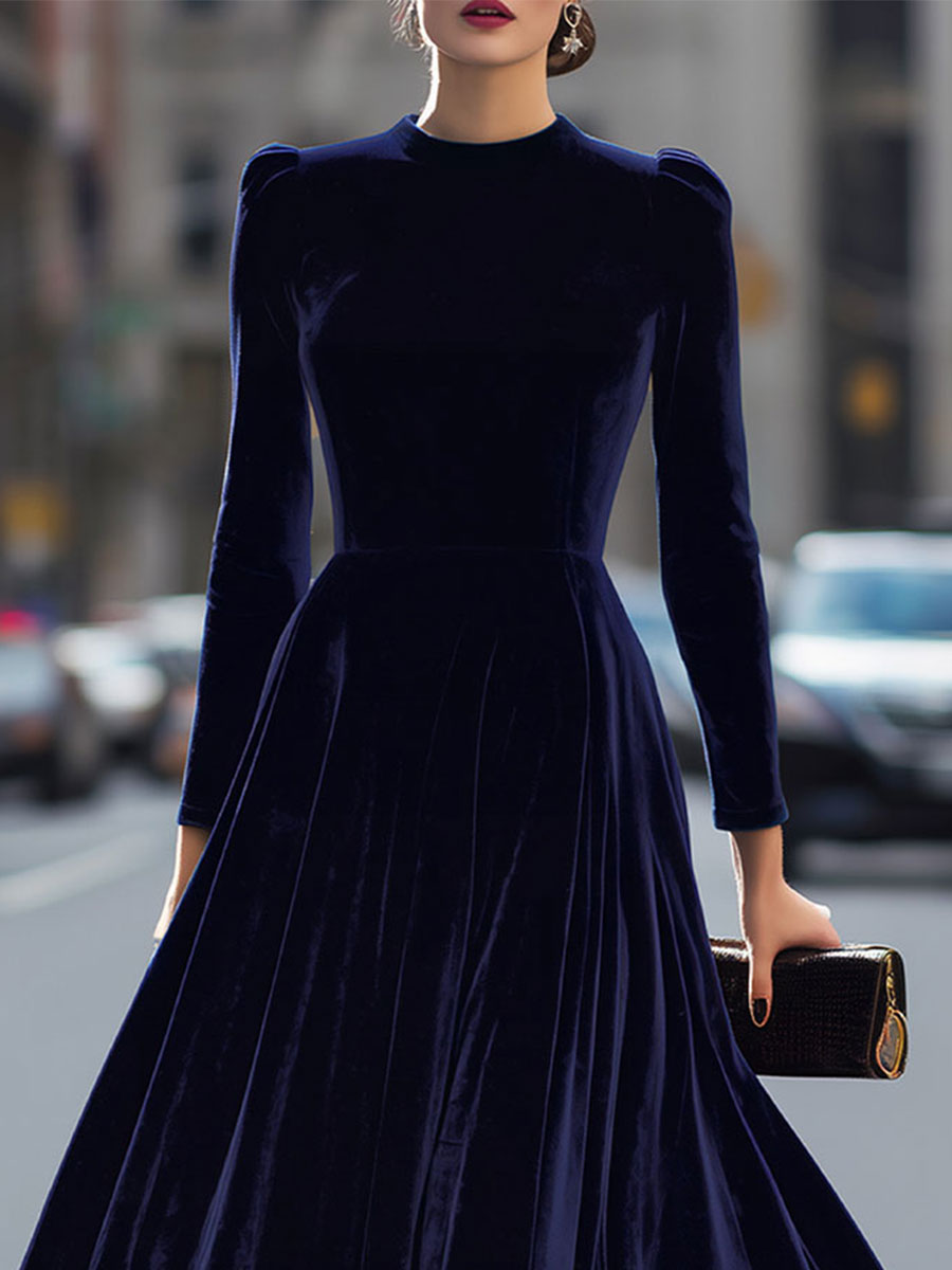 Julie | Vestido Midi de Manga Larga en Azul Marino