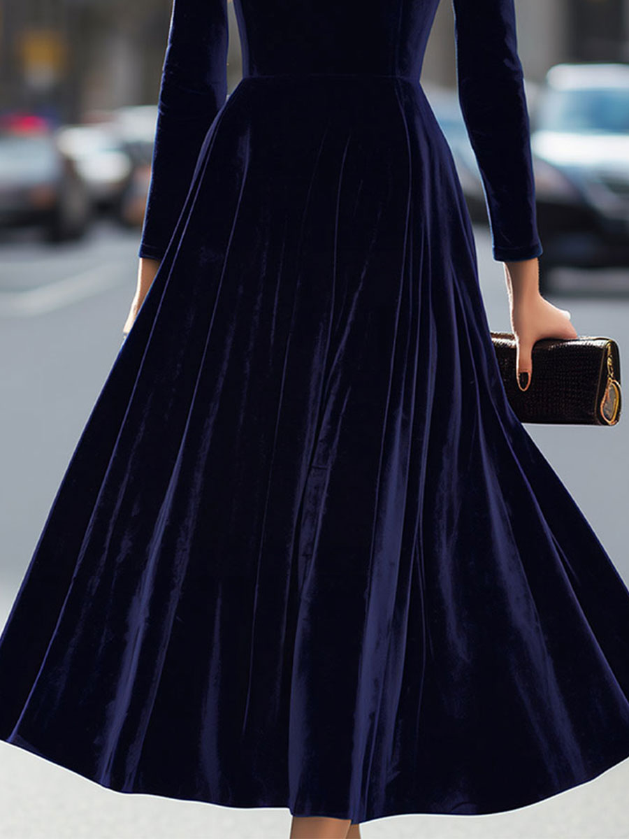 Julie | Vestido Midi de Manga Larga en Azul Marino