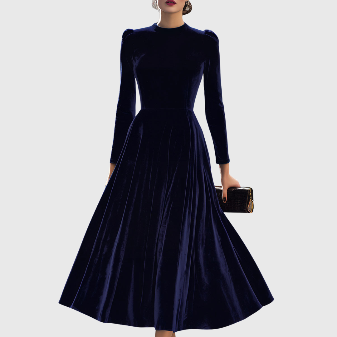 Julie | Vestido Midi de Manga Larga en Azul Marino
