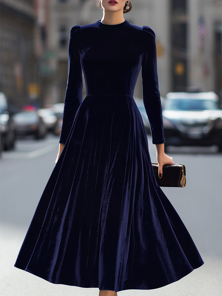 Julie | Vestido Midi de Manga Larga en Azul Marino
