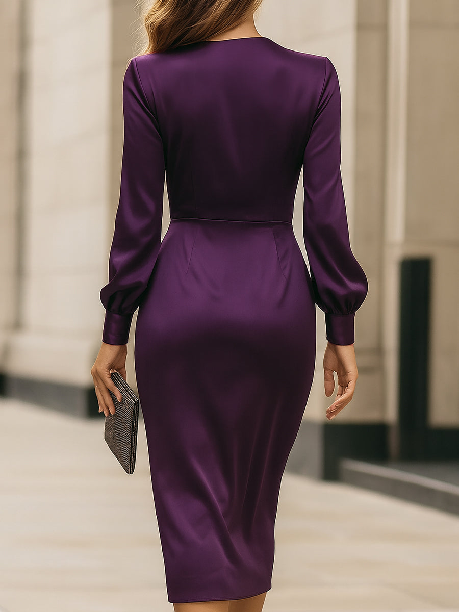 Clara | Vestido Midi de Satén con Drapé en Púrpura Intenso