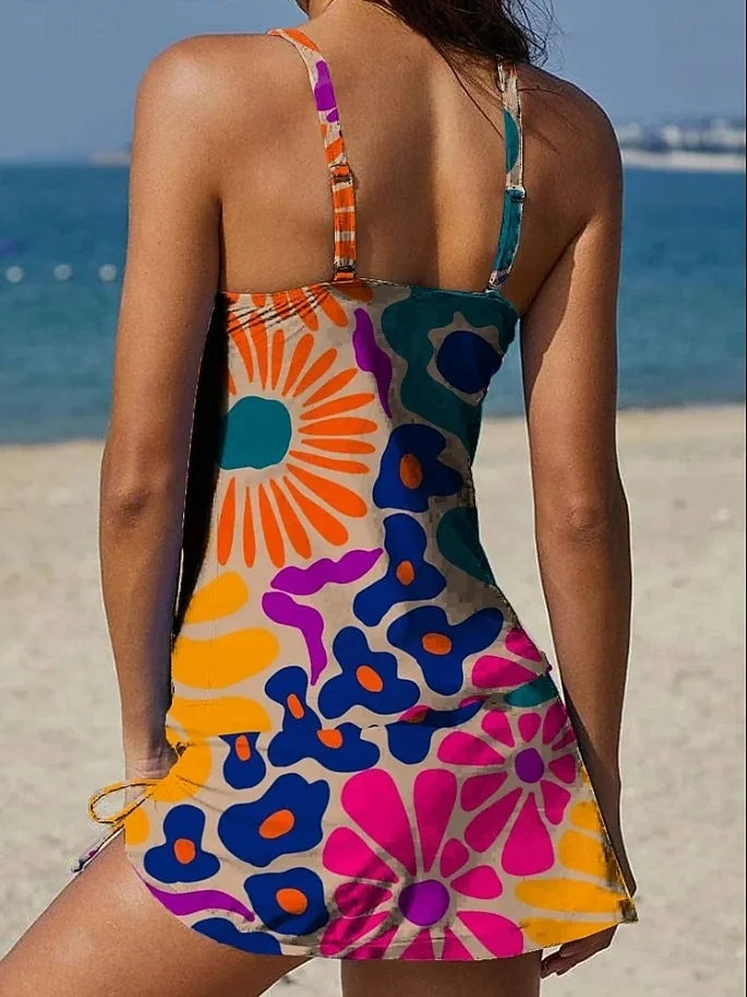 Fiesta – Tankini gráfico floral con short, efecto vientre plano