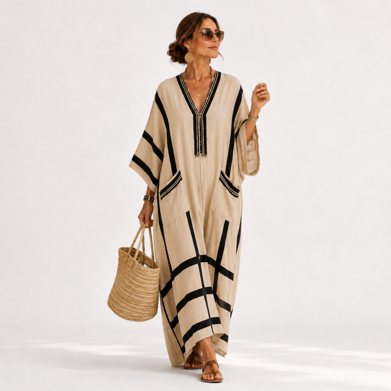 Caftán Salma Beige con Rayas Negras