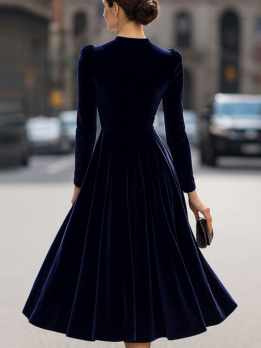 Julie | Vestido Midi de Manga Larga en Azul Marino