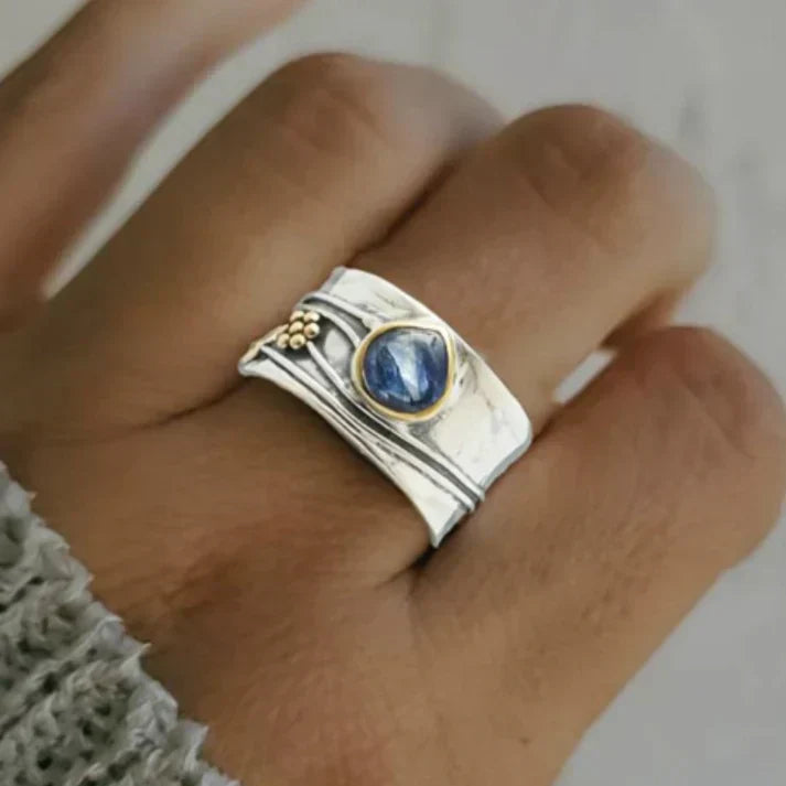 Anillo Vintage Zafiro Azul Platedo en Plata