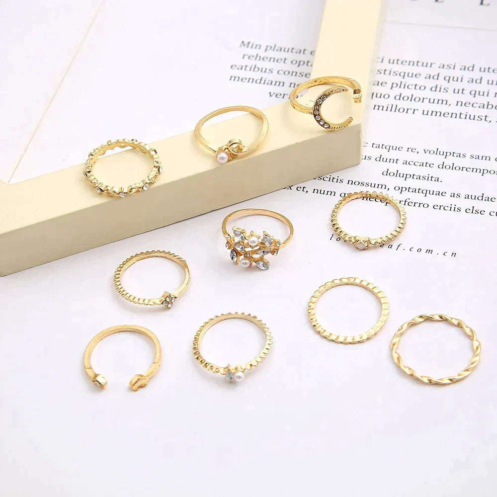 Conjunto de 10 anillos bohemios en plata y oro
