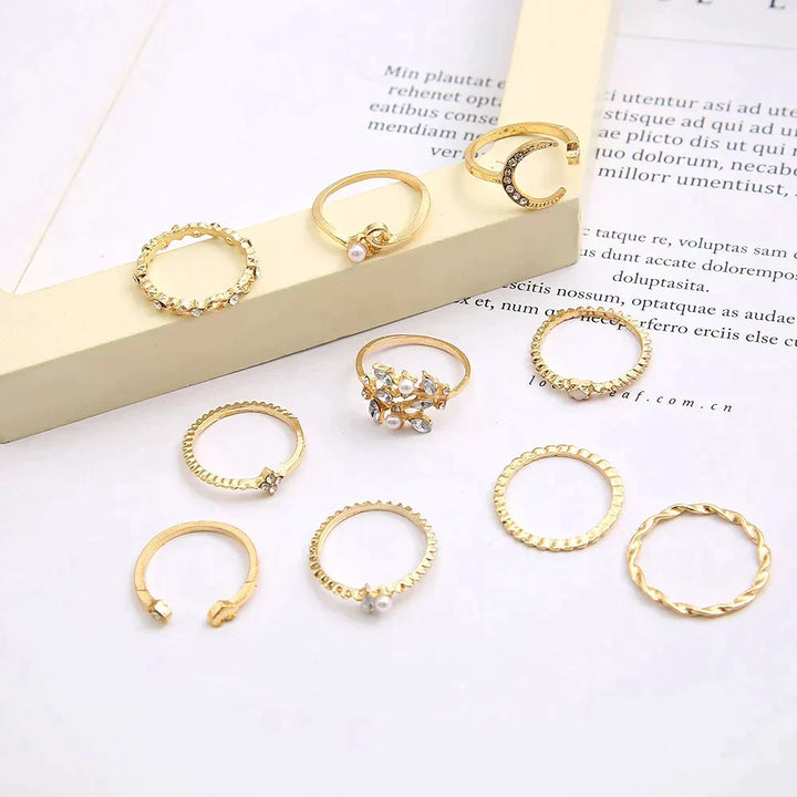 Conjunto de 10 anillos bohemios en plata y oro