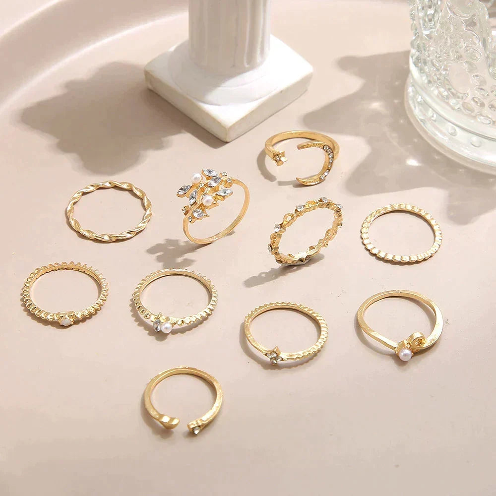 Conjunto de 10 anillos bohemios en plata y oro