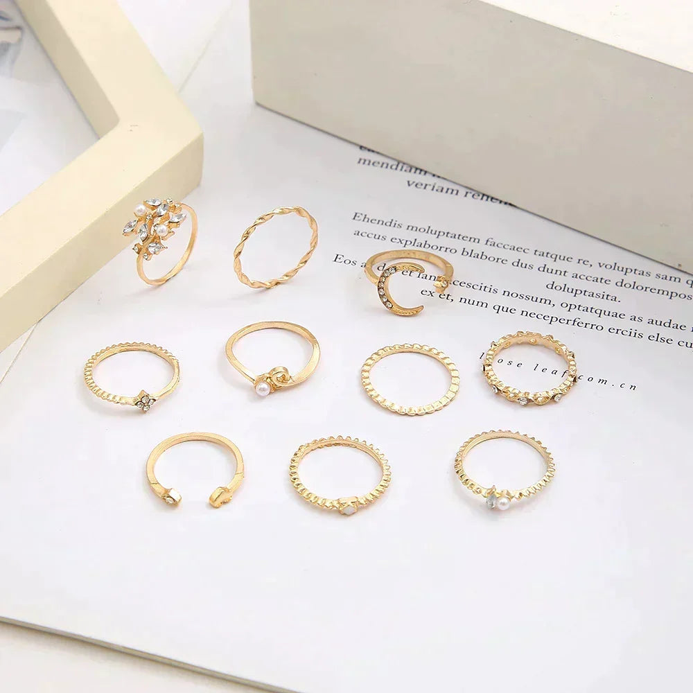 Conjunto de 10 anillos bohemios en plata y oro