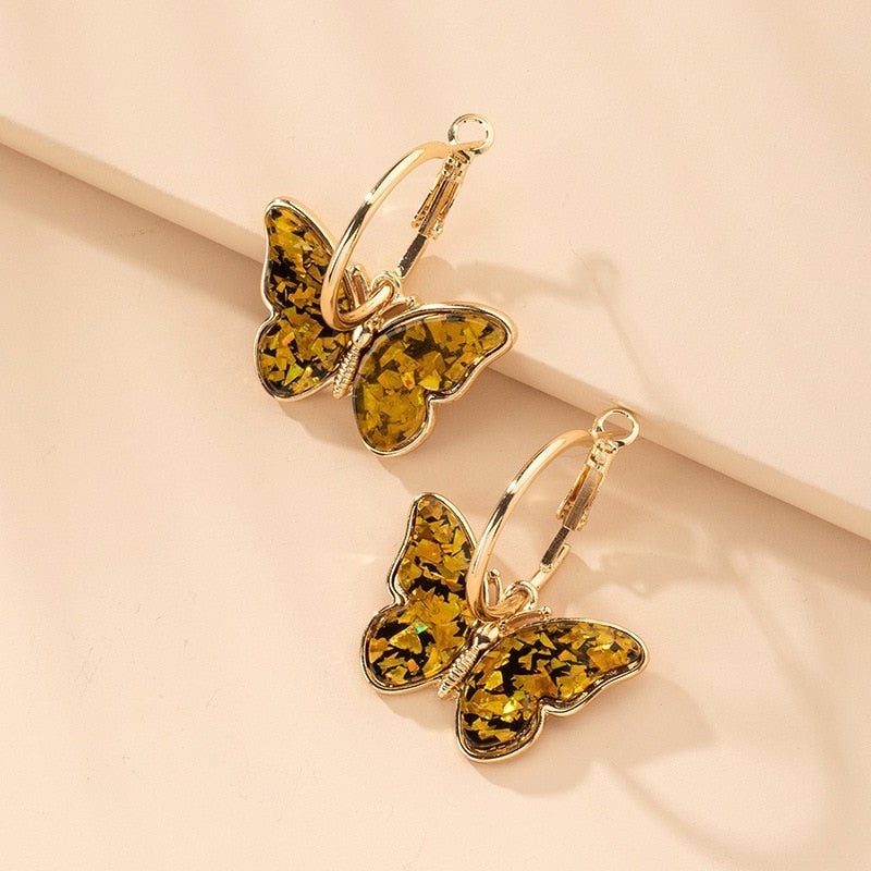 Pendientes de Aro con Mariposas Multicolores Doradas