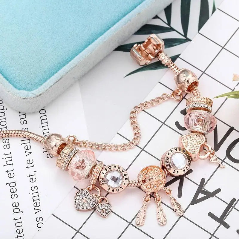 Pulsera Atrapa-Sueños Rosa con Charms de Plata Esterlina Incluidos