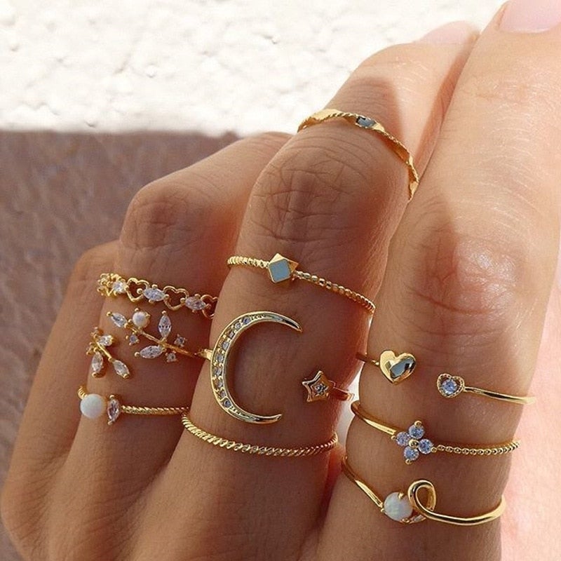 Conjunto de 10 anillos bohemios en plata y oro