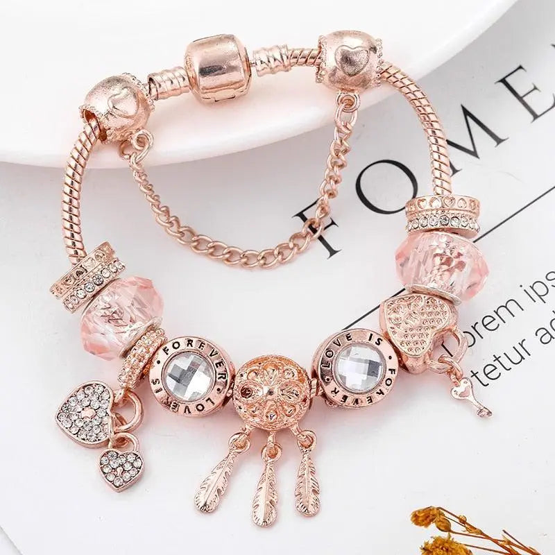Pulsera Atrapa-Sueños Rosa con Charms de Plata Esterlina Incluidos