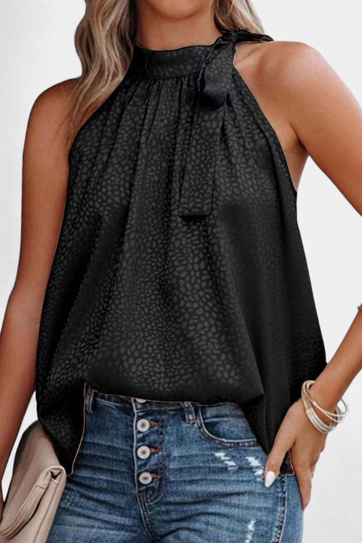 Top sin mangas de estampado de leopardo Adela con cuello alto y lazo