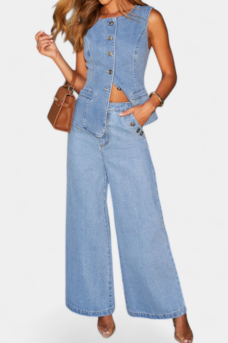 Ludovica Conjunto de Denim con Chaleco Ajustado y Jeans de Pierna Ancha