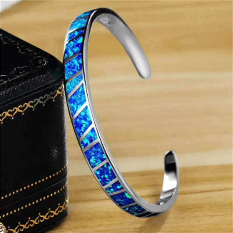 Pulsera Ajustable Ópalo Azul Fuego en Plata