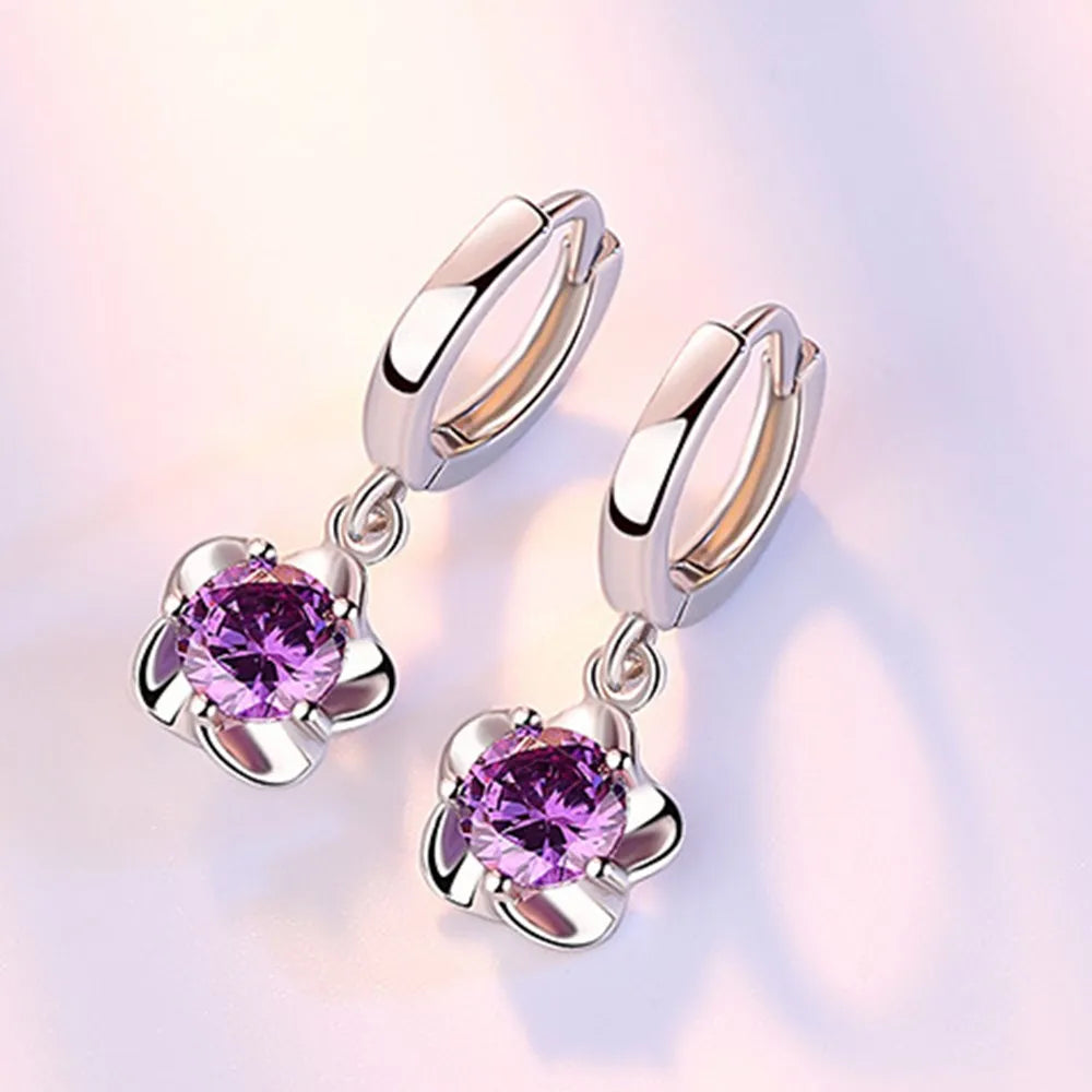 Pendientes de Plata Esterlina con Zircones Violetas y Blancos