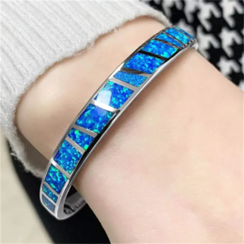 Pulsera Ajustable Ópalo Azul Fuego en Plata