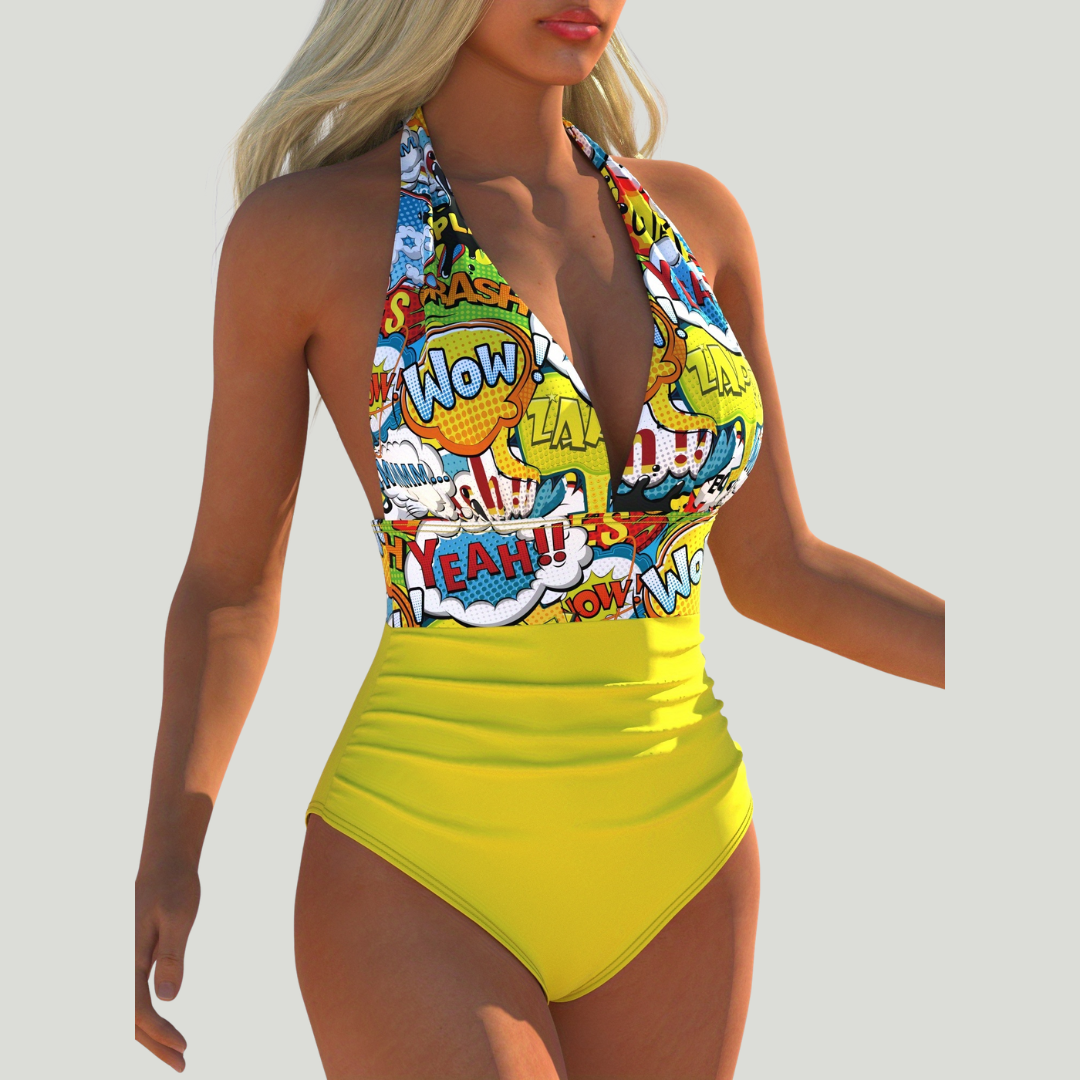 Isabel - Traje de baño con cuello halter, estampado Pop-Art y fruncidos