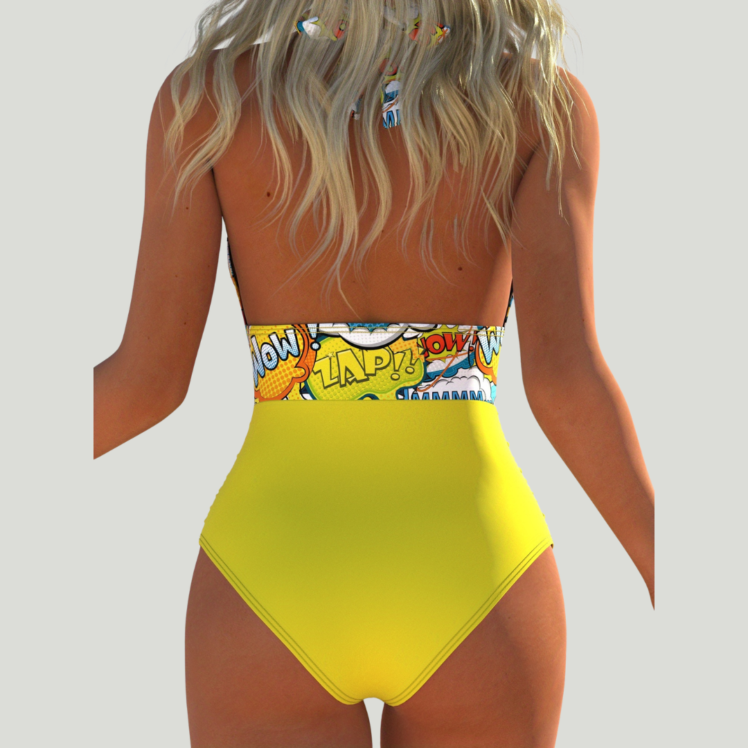 Isabel - Traje de baño con cuello halter, estampado Pop-Art y fruncidos