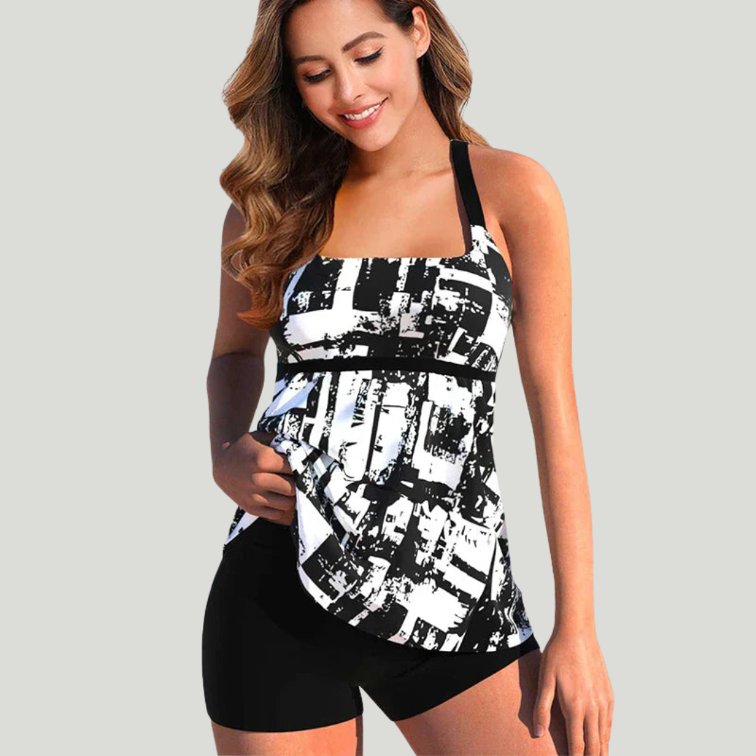 Inés - Tankini con pantalones cortos en estampado urbano abstracto