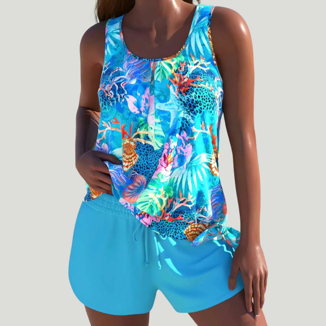 Claudia - Tankini con shorts y estampado tropical-marítimo