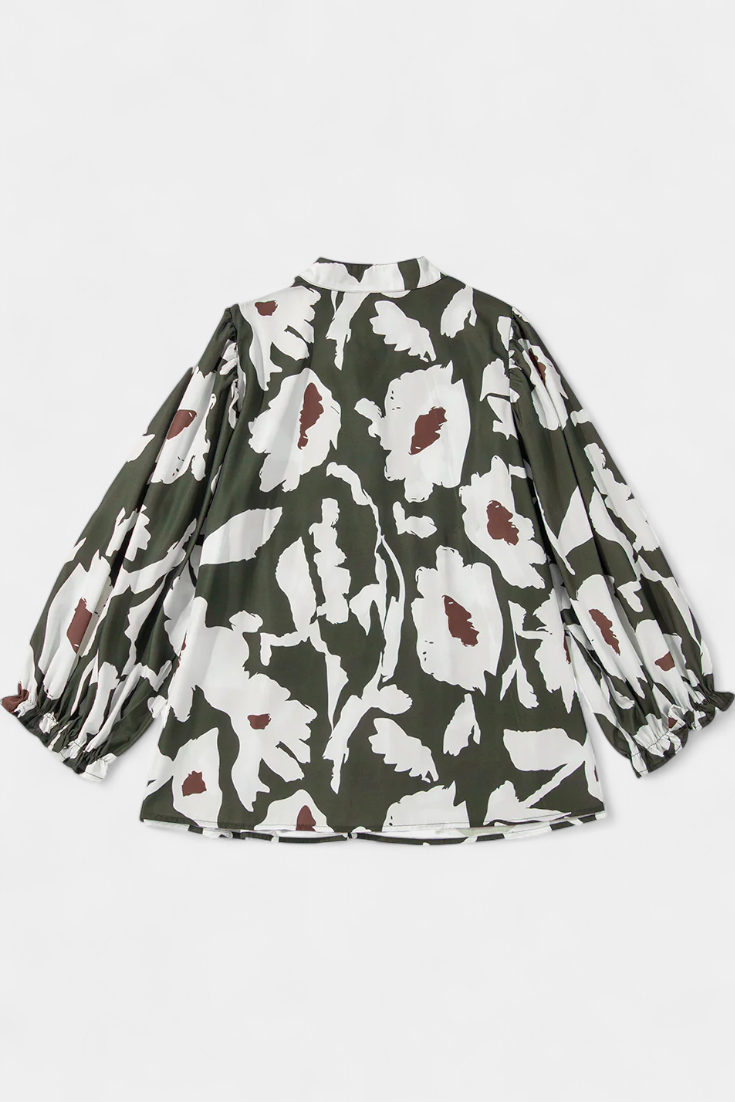 Blusa Filomena con Media Abotonadura y Mangas Abullonadas en Estampado Floral Abstracto