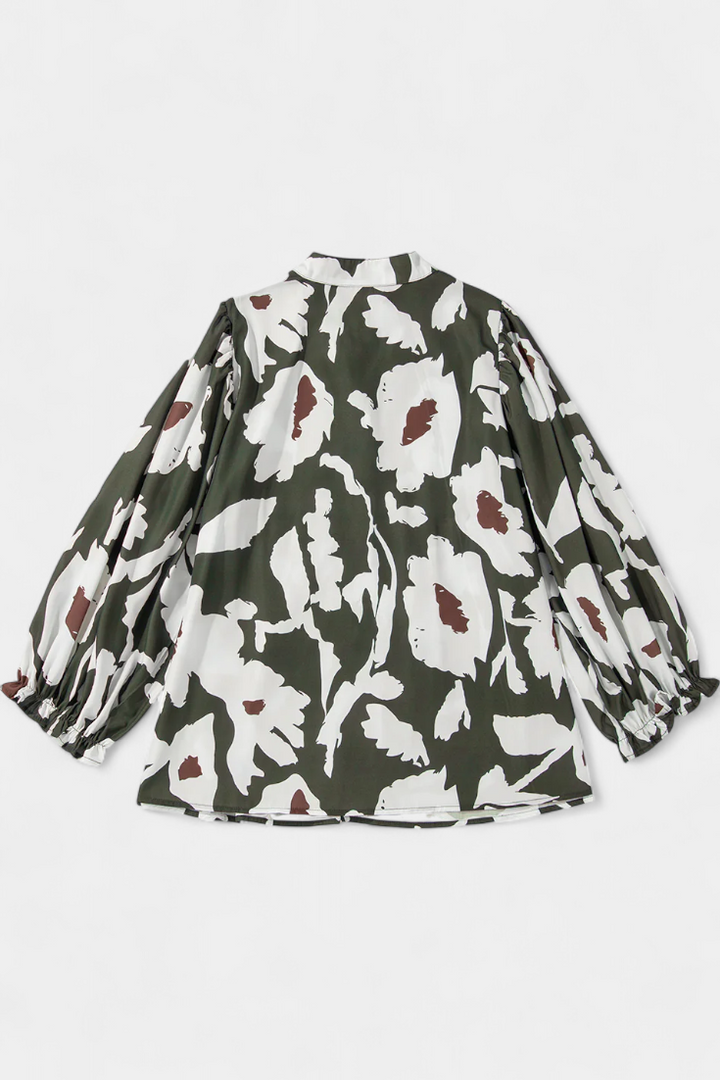 Blusa Filomena con Media Abotonadura y Mangas Abullonadas en Estampado Floral Abstracto