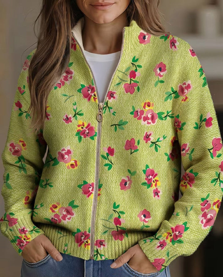 Constance™ | Cárdigan Rosa Lima con Cremallera y Motivo Floral