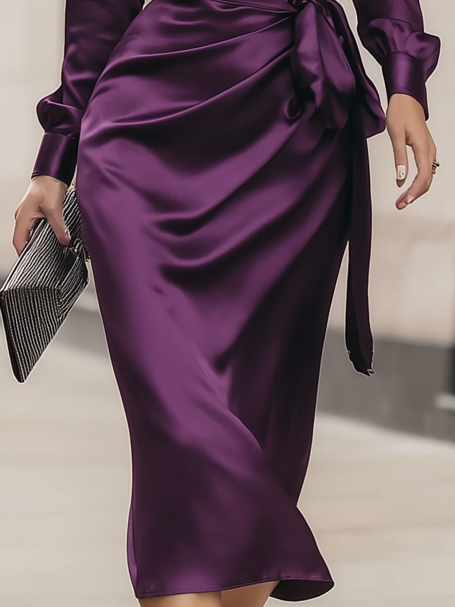 Clara | Vestido Midi de Satén con Drapé en Púrpura Intenso