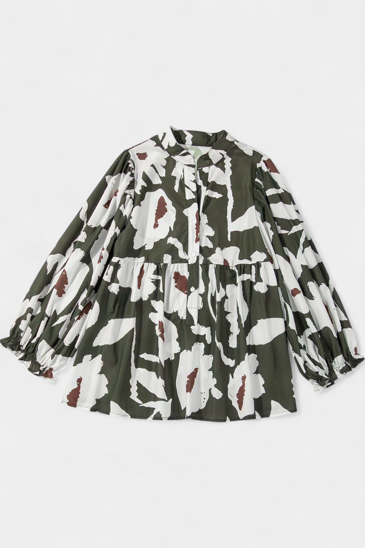 Blusa Filomena con Media Abotonadura y Mangas Abullonadas en Estampado Floral Abstracto