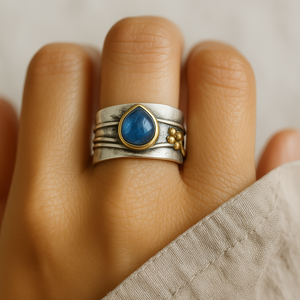 Anillo Vintage Zafiro Azul Platedo en Plata