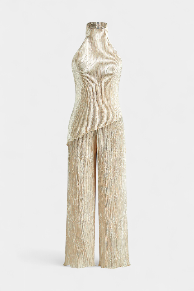 Pilarica Conjunto Elegante Plisado de Top Asimétrico y Pantalón Fluido