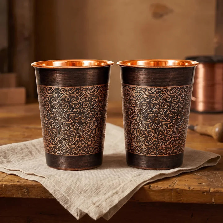 CONJUNTO DE GOBELETES FLORIDOS EN COBRE