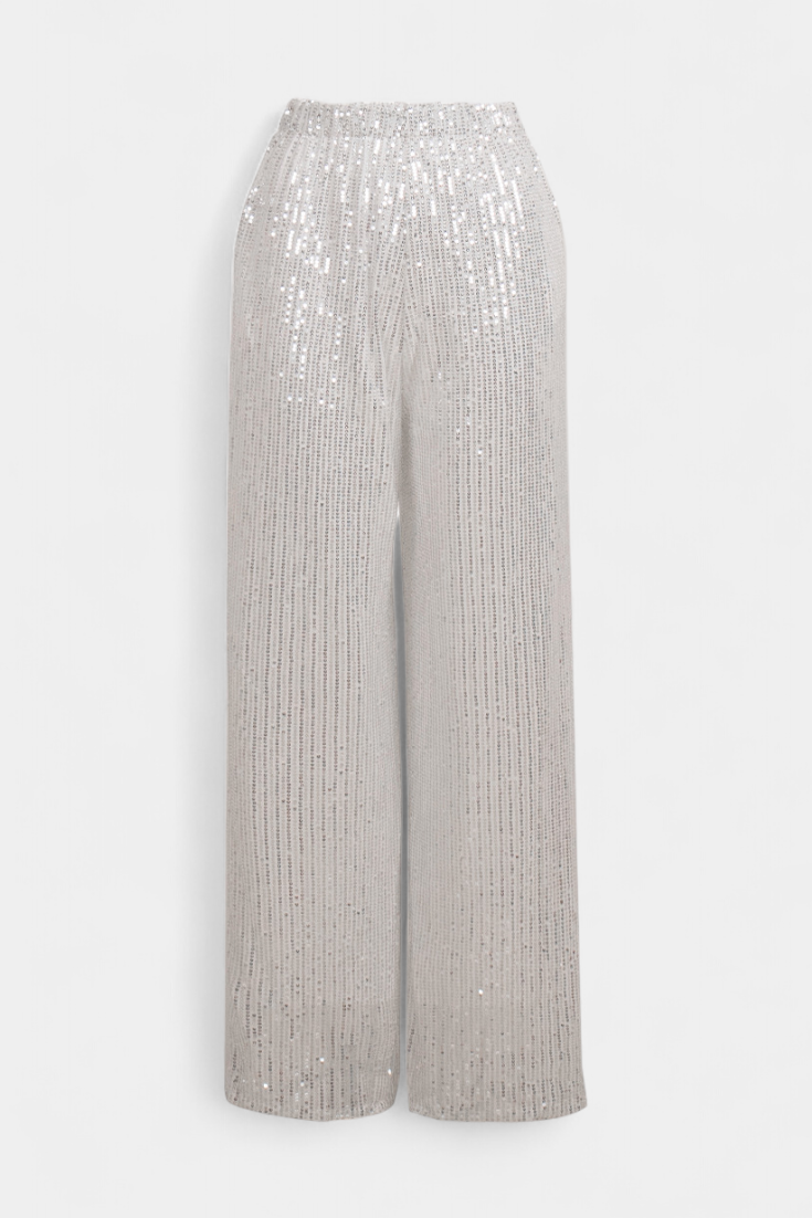 Elva Pantalones de Lentejuelas de Cintura Alta y Corte Holgado