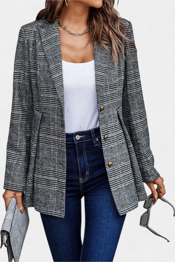 Calico Blazer Peplum a Cuadros con Solapa de Muesca