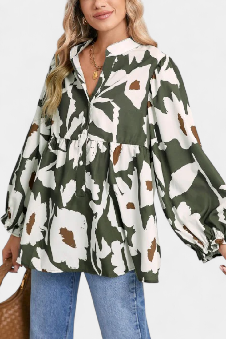 Blusa Filomena con Media Abotonadura y Mangas Abullonadas en Estampado Floral Abstracto