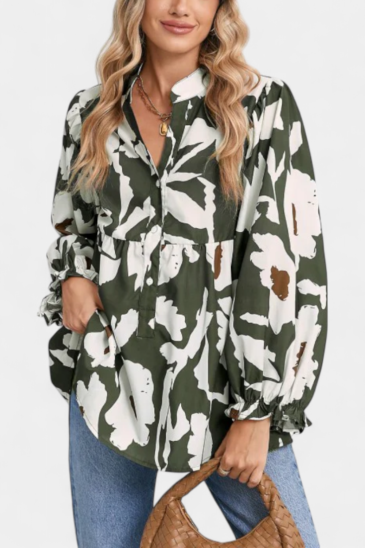 Blusa Filomena con Media Abotonadura y Mangas Abullonadas en Estampado Floral Abstracto