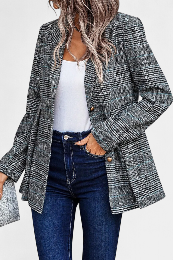 Calico Blazer Peplum a Cuadros con Solapa de Muesca