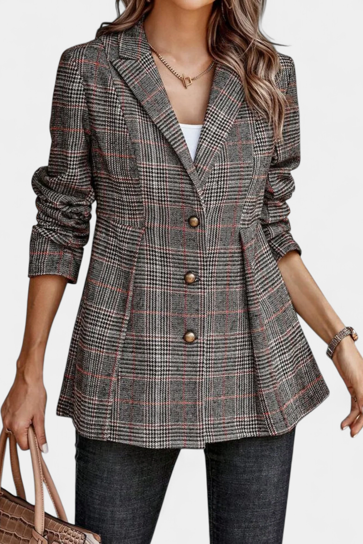 Calico Blazer Peplum a Cuadros con Solapa de Muesca