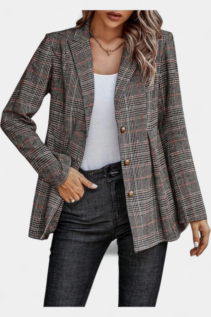 Calico Blazer Peplum a Cuadros con Solapa de Muesca
