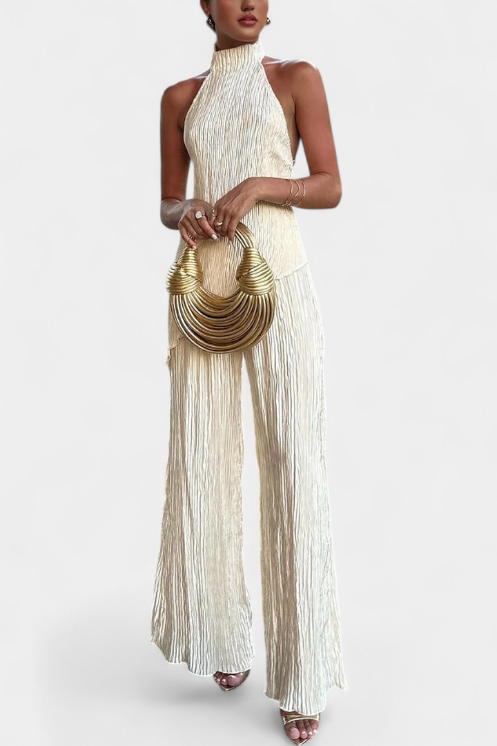 Pilarica Conjunto Elegante Plisado de Top Asimétrico y Pantalón Fluido