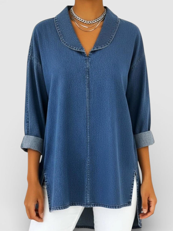 Alicia™ | Blusa vaquera retro con cuello chal