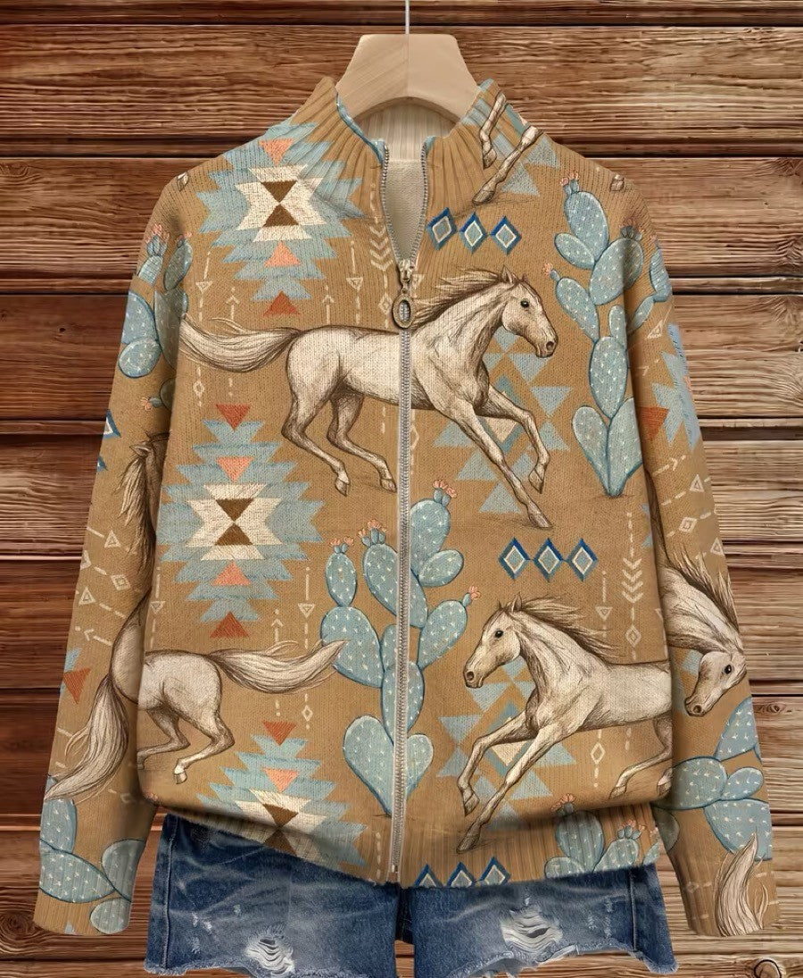 Perpetua™ | Cárdigan con Cremallera Caballo del Desierto y Cactus