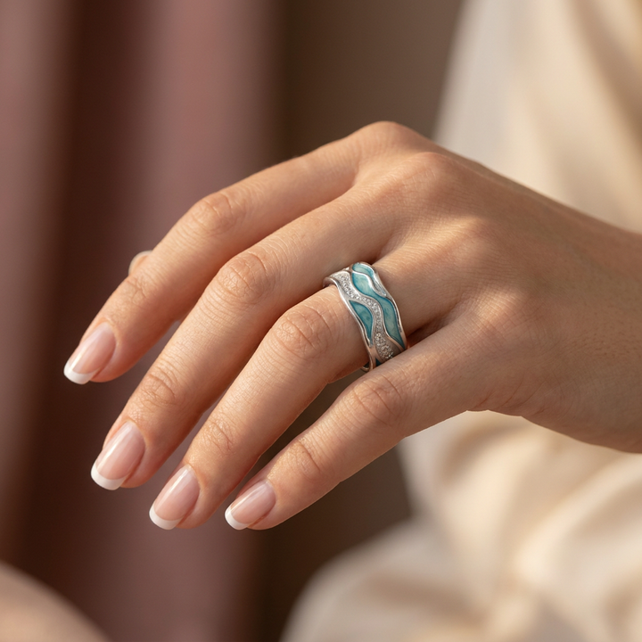 Anillo Ondas Turquesas en Plata