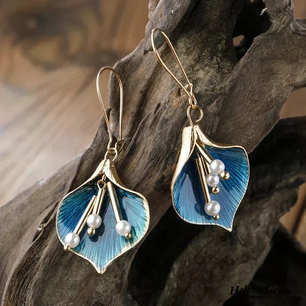 Pendientes Colgantes de Oro y Azul con Perlas